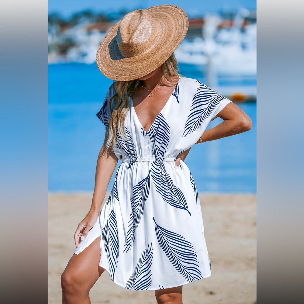 Navy & White Palm Leaf Dolman Sleeve Mini Cover-Up dress